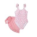 Tween Girl Leopard/Floral Print One Piece Swimsuit with Ruffle Trim & Cover Up Skirt 2 Piece Swimwear Set