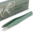 Tweezers – Surgical Grade Stainless Steel - Slant Tip for Expert Eyebrow Shaping and Facial Hair Removal – with Protective Pouch (Sage)