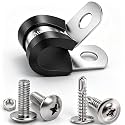 Twidec/50PCS 1/4 Inch Cable Clamp 304 Stainless Steel Rubber Coated Cushion Pipe Clamps,Metal Clamp,With Metal Rubber Clips For Automotive Wire Tube Pipe Clamps N-056-1/4