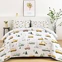 Twin Comforter Set 3 Pcs Cartoon Style Construction Vehicles Trees Soft All Seasons Quilted Comforter Set, White Warm Comforters Set 68" x 90" with 2 Pillowcases for Kids Girls Boys