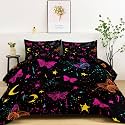 Twin Comforter Set 3 Pcs Watercolor Splash Butterfly Moon Stars Soft All Seasons Quilted Comforter Set, Black Warm Comforters Set 68" x 90" with 2 Pillowcases for Kids Girls Boys