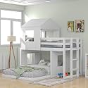Twin Over Full Bunk Bed Frames Loft Bed with House Roof, Window and Safety Guardrails for Teens, Boys or Girls, White