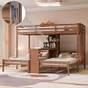 VilroCaz Twin Over Twin &amp; Twin Bunk Bed with Built-in Desk and Storage Shelves, 3 Beds in 1 Design Solid Wood Triple Bunk Bed with Reading Lamp and Guardrails for Kids Teens Aldults (Natural-2.14)