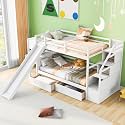 Twin Over Twin Bunk Bed with Storage Staircase, Slide &amp; Desk, 2 Under-Bed Drawers + Desk with 2 Drawers &amp; Shelves, Solid Pine Wood/MDF, No Box Spring Needed, Mattress Not Included, White