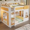 Twin Over Twin Bunk Bed with Storage Shelves, Playhouse Design, Twin Doors &amp; Window – Space-Saving Wooden Loft Bed for Kids &amp; Teens
