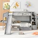 Twin Over Twin Bunk Bed with Storage Staircase, Slide & Desk, 2 Under-Bed Drawers + Desk with 2 Drawers & Shelves, Solid Pine Wood/MDF, No Box Spring Needed, Mattress Not Included, Gray