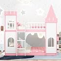 Twin Over Twin Castle Bunk Bed with Ladder/Fence Shaped Guardrail/Underbed Storage Space,Designed for Kids/Boys/Girls (Pink&amp;Castle Twin)