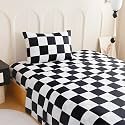 Twin Sheet Set Kids - Black&amp;White Plaid 3 Pieces Soft Microfiber Cartoon Style Bedsheets for Boys Girls Teens, Oeko TEX Breathable 15 Inch Deep Pocket Sheets(Chequered Flag)