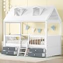 Twin Size Charming Kids House Bed with Roof Skylights, Sturdy Ladder, and Storage Drawers - Playful Sleep Space for Children (White/H1)