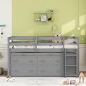 Twin Size Kids Loft Bed (Gray) - Foldable Desk, 4 Drawers & Lateral Shelves, Solid Pine+MDF, Safety Guardrails, Mattress Not Included (No Box Spring Needed)