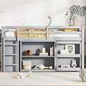 Twin Size Loft Bed with Drawer Cabinet, Shelf Cabinet & Pull-Out Desk, Flexible Storage, Sturdy Plywood Slats, No Box Spring Needed, Mattress Not Included, Gray