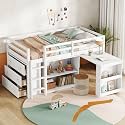 Twin Size Loft Bed with Drawer Cabinet, Shelf Cabinet & Pull-Out Desk, Flexible Storage, Sturdy Plywood Slats, No Box Spring Needed, Mattress Not Included, White
