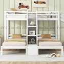 VilroCaz Twin Size Triple Bunk Bed with Built-in Staircase and Storage Drawer, Solid Wood Bunk Bed Frame with Safety Full-Length Guardrail for 3, Bedroom Guest Room Home Furniture