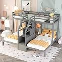 VilroCaz Twin Size Triple Bunk Bed with Built-in Staircase and Storage Drawer, Solid Wood Bunk Bed Frame with Safety Full-Length Guardrail for 3, Bedroom Guest Room Home Furniture (Gray)
