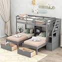 VilroCaz Twin Size Triple Bunk Bed with Drawers and Staircase, Solid Wood Bunk Bed Frame with Safety Full-Length Guardrail and Built-in Shelves, 3 Beds in 1 for Kids Teens Adults