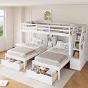 VilroCaz Twin Size Triple Bunk Bed with Drawers and Staircase, Solid Wood Bunk Bed Frame with Safety Full-Length Guardrail and Built-in Shelves, 3 Beds in 1 for Kids Teens Adults