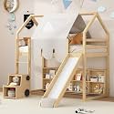 Wooden Twin Loft Bed with House-Shaped Frame and Tent, Beige