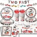 Two Fast Birthday Party Supplies, 142pcs Race Car 2nd Birthday Decorations Tableware Kit Includes Race Car Plates Napkins Tablecloth for Two Years Old Party Baby Shower Decorations Favors for Boys