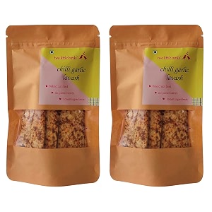two little birds chilli garlic lavash - baked not fried lavash sticks  freshly baked eggless handmade flat bread  no added preservatives palm oil or refined sugar  120 grams pack of 2