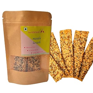 two little birds masala lavash - baked not fried lavash sticks  freshly baked eggless handmade flat bread  no added preservatives palm oil or refined sugar  120 grams pack of 1