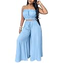 Two Piece Sets for Women Summer Outfits Crop Tops and Wide Leg Pants Sets Sexy Jumpsuits Vacation Outfits with Pockets