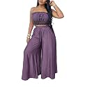 Two Piece Sets for Women Summer Outfits Crop Tops and Wide Leg Pants Sets Sexy Jumpsuits Vacation Outfits with Pockets