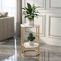 Two-Tier End Tables: Contemporary Faux Marble Top Bedside Table End Table with Storage Shelf for Living Room and Home Side and Corner Table Sofa End Table (Gold White NW)