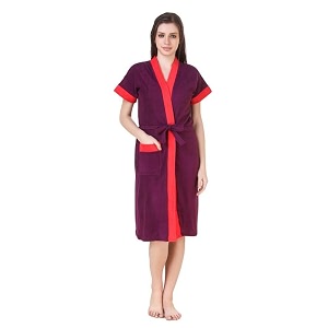 two tone cotton half sleeves bathrobe for women - free size fit upto 42 inches-purple red
