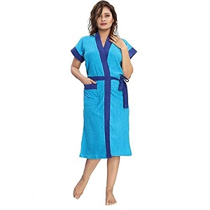 two tone cotton half sleeves bathrobe for women - free size fit upto 42 inches-blue royal blue