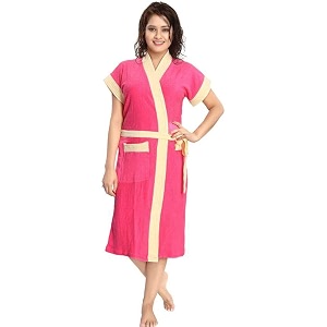 two tone cotton half sleeves bathrobe for women - free size fit upto 42 inches - pink