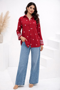 Tzelynn Women Solid Embroidered Casual Red Shirt