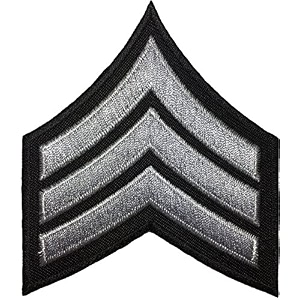 us army sergeant e-5 stripe army uniform chevron rank sew on iron on arm shoulder embroidered applique patch - grey on black - by ranger return rr-iron-e5-bkgy