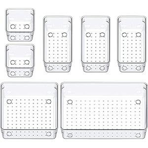 ucravo 7pcs transparent plastic drawer storage box set multi-functional bathroom and dressing table drawer storage tray cosmetics bedroom kitchen small tools cutlery and office storage box