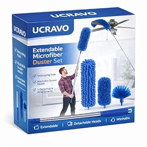 ucravo blue extendable microfiber duster kit for cobwebs amp high ceiling cleaning long telescopic stainless steel handle with washable microfiberchenille brush head flexiblereusable dust cleaner