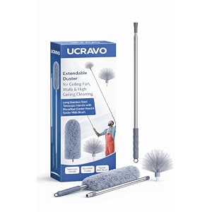 ucravo blue extendable microfiber duster kit for cobwebs amp high ceiling cleaning long telescopic stainless steel handle with washable microfiberchenille brush head flexiblereusable dust cleaner
