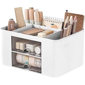 ucravo plastic multi-functional desk organiser with 5 compartments and 2 drawer desktop office supplies stationery storage box cosmetic organizer for ballpoint pens staplers clips sticky notes - white