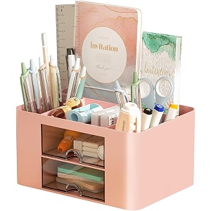 ucravo office desk plastic organizer with drawer all in one office supplies and cool desk accessories pen holder enhance your decor desktop 5 compartments amp 2 drawer laddered desk organizer pink