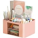 UCRAVO Office Desk Plastic Organizer with Drawer, All in One Office Supplies and Cool Desk Accessories Pen Holder, Enhance Your Decor, Desktop 5 Compartments &amp; 2 Drawer Laddered Desk Organizer (Pink)