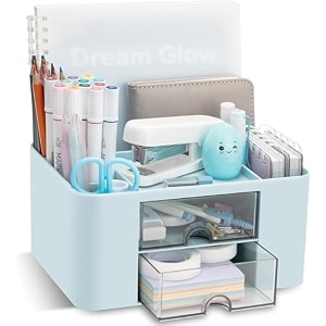 ucravo plastic stylish stackable desk organizer with 2 drawers and 5 compartments multi-functional desktop storage box with pen holder for homeofficeschoolcraft suppliesand art stationery - blue