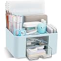 UCRAVO Plastic Stylish Stackable Desk Organizer with 2 Drawers and 5 Compartments Multi-Functional Desktop Storage Box with Pen Holder for Home,Office,School,Craft Supplies,and Art Stationery - Blue