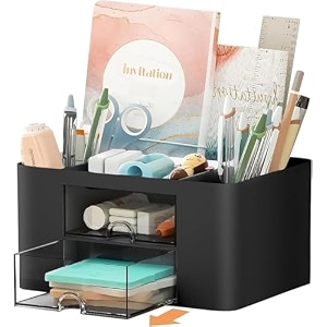 ucravo plastic versatile desk organiser with 5 compartments 2 drawers and multifunctional storage options - ideal for office supplies stationery and desk accessories office organiser - black