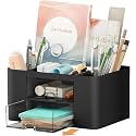 UCRAVO Plastic Versatile Desk Organiser with 5 Compartments, 2 Drawers and Multifunctional Storage Options - Ideal for Office Supplies, Stationery and Desk Accessories, Office Organiser - Black