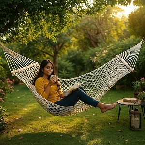 ugaoo mayan cotton rope hammock for 2 persons  handmade cotton swing with hardwood bars  indoor amp outdoor hammock for adults amp kids  balcony garden  ivory 200 x 100 cm  100 kg capacity
