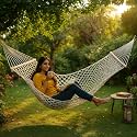 UGAOO Mayan Cotton Rope Hammock for 2 Persons | Handmade Cotton Swing with Hardwood Bars | Indoor & Outdoor Hammock for Adults & Kids | Balcony, Garden | Ivory, 200 x 100 cm | 100 kg Capacity
