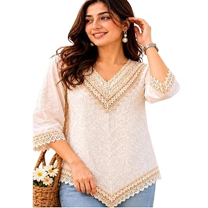 ukal women39s and gilr39s white embroidered boho top v-neck with lace trim 34 sleeves casual kurti style