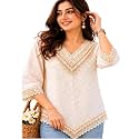 Ukal Women's and Gilr's White Embroidered Boho Top, V-Neck with Lace Trim, 3/4 Sleeves, Casual Kurti Style