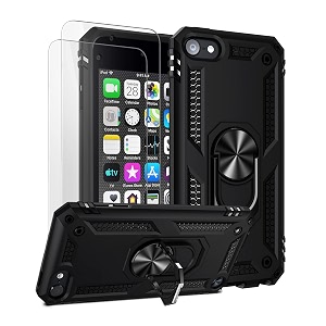 ulak compatible with ipod touch 7 caseipod touch 6 case with 2 hd screen protectors hybrid rugged shockproof cover with built-in kickstand for ipod touch 7th6th5th generation black