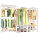 Ulif E10 Clothes Rack（With Stretchable Hanger Rod）Freestanding Clothing Racks for Hanging Clothes，Adjustable Closet Organizer System，Portable Garment Rack 73-97"W x 15" D x 72" H，Max Load 800LBS，White