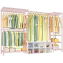 Ulif E10 Clothes Rack（With Stretchable Hanger Rod）Freestanding Clothing Racks for Hanging Clothes，Adjustable Closet Organizer System，Portable Garment Rack 73-97"W x 15" D x 72" H，Max Load 800LBS，Pink