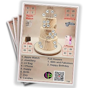 birthday tambola tickets  50th birthday cake theme housie tambola themed bingo game  kitty party theme housie tickets  english  for family amp friends set of 15 tickets
